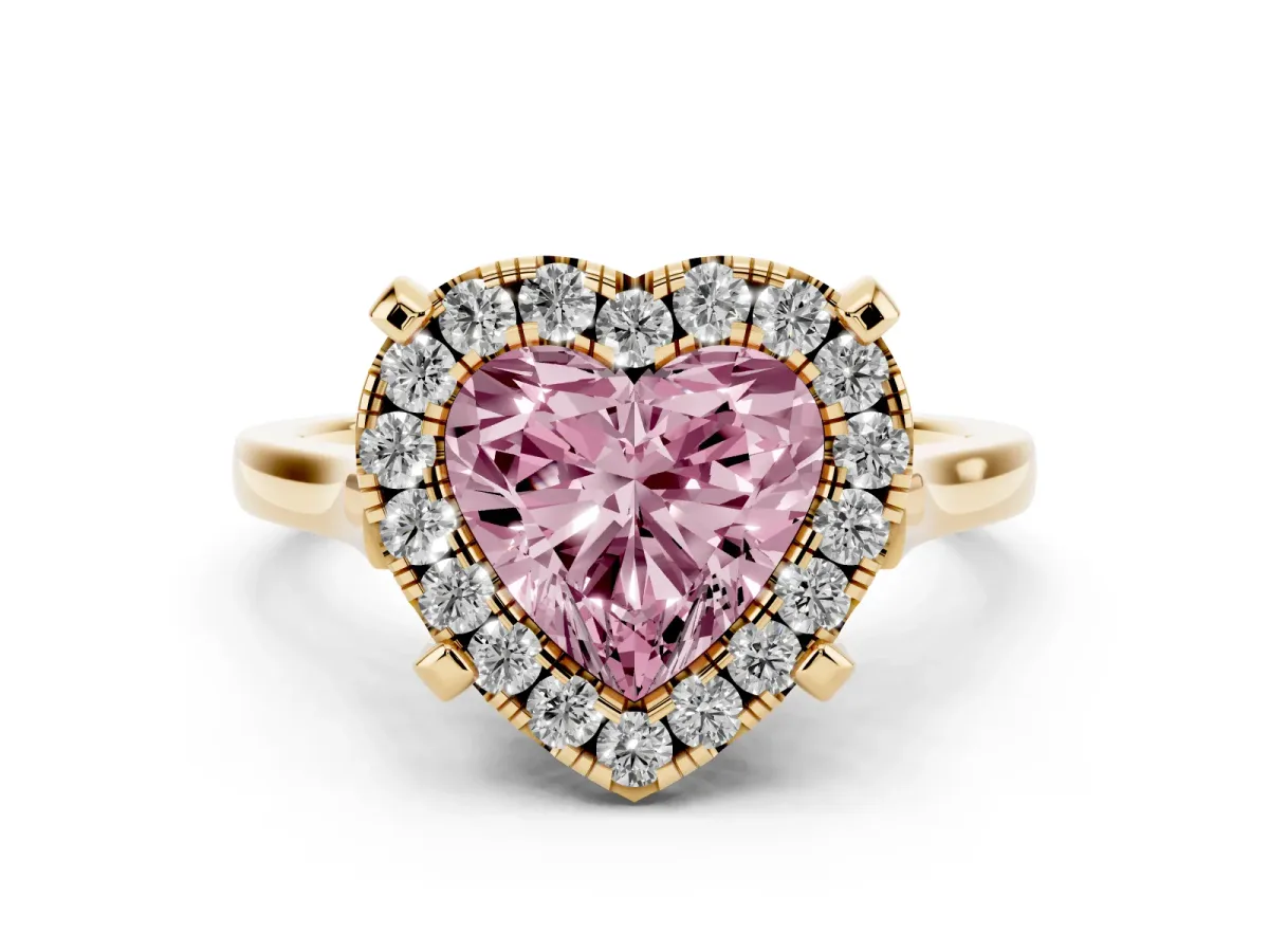 Fancy Pink Heart Cut Diamond Cluster Halo Solitaire with Four-Prong Setting Yellow gold
