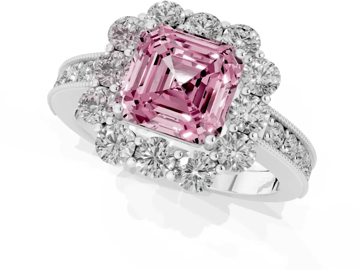 Fancy Pink Asscher Cut Cut Halo Diamond Pavé Engagement Ring with Milgrain Detailing Silver
