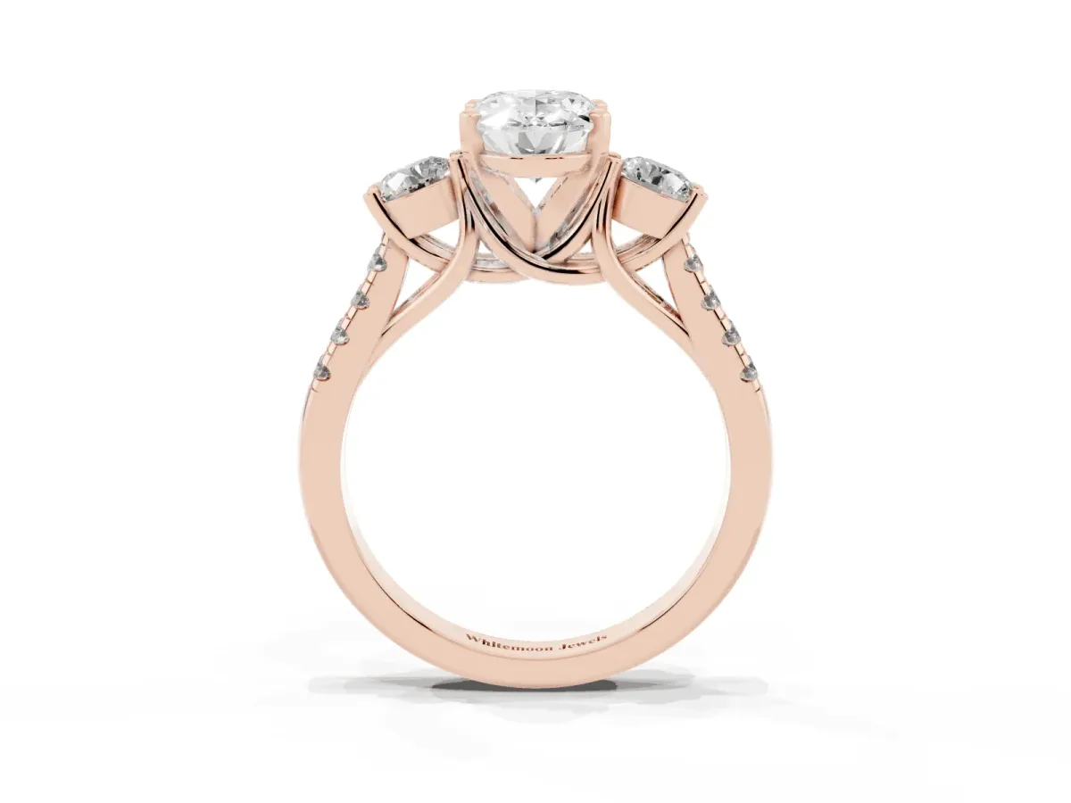 Three-Stone Oval Cut Diamond Pavé Band with Four-Prong Setting Rose gold