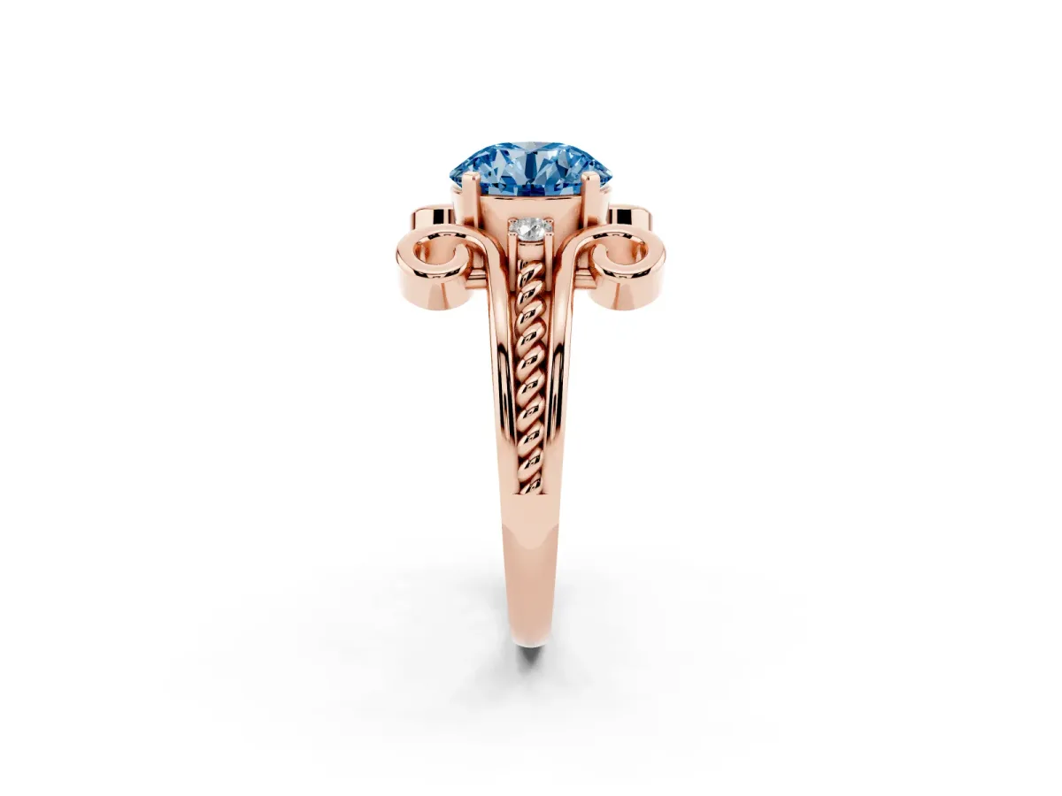 Fancy Blue Round Cut Solitaire Twisted Band Scroll Prong Ring Rose gold