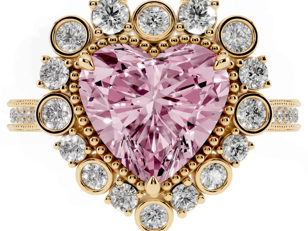 Fancy Pink Heart Cut Halo Milgrain Pave Diamond Ring with Four-Prong Setting Yellow gold