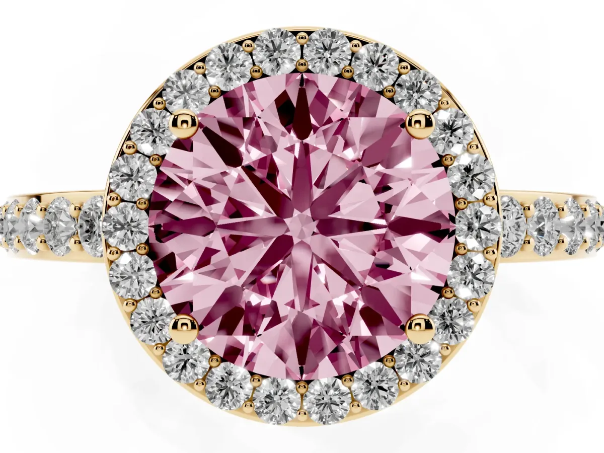 Fancy Pink Round Cut Halo Diamond Pavé Band Ring with Prong Setting Yellow gold