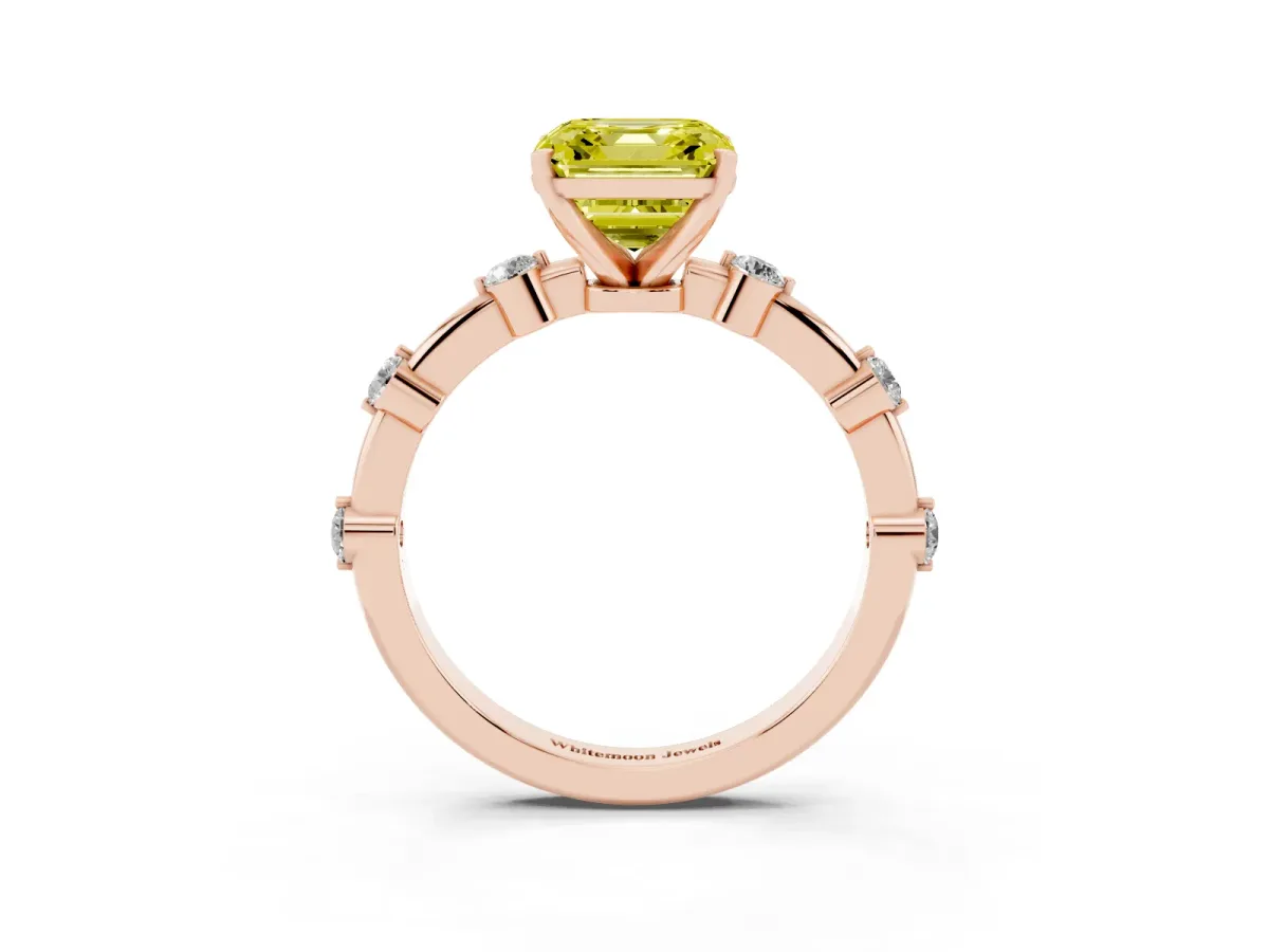 Fancy Yellow Asscher Cut Solitaire Diamond Ring with Bezel Set Side Stones and Prong Setting Rose gold