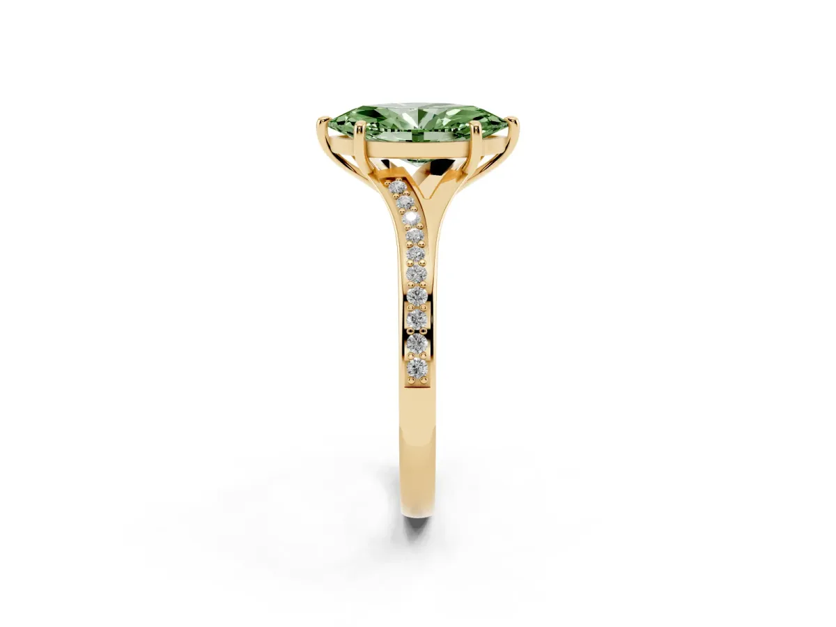 Fancy Green Marquise Cut Diamond Solitaire Ring with Pavé Band and Prong Setting Yellow gold