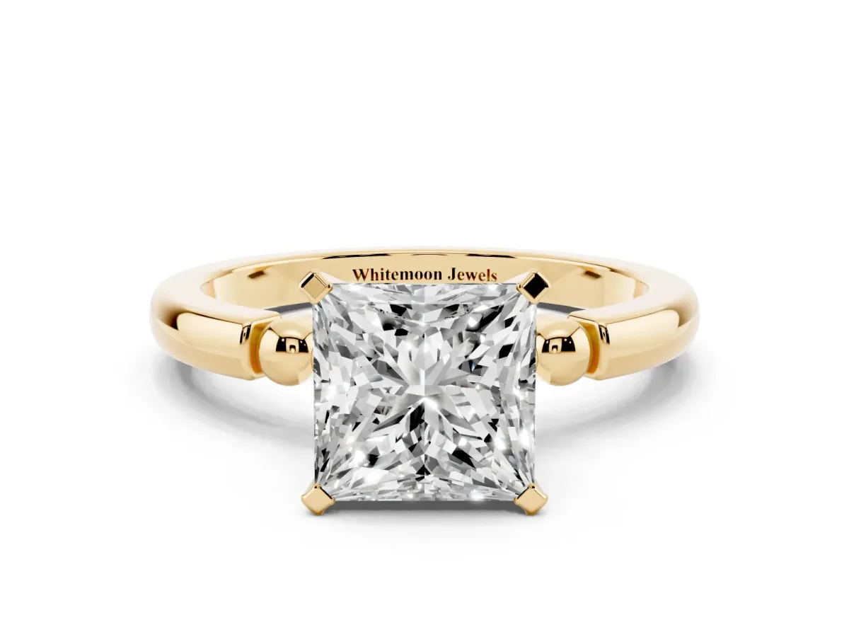 Princess Cut Solitaire Beaded Band with Four-Prong Setting Yellow gold