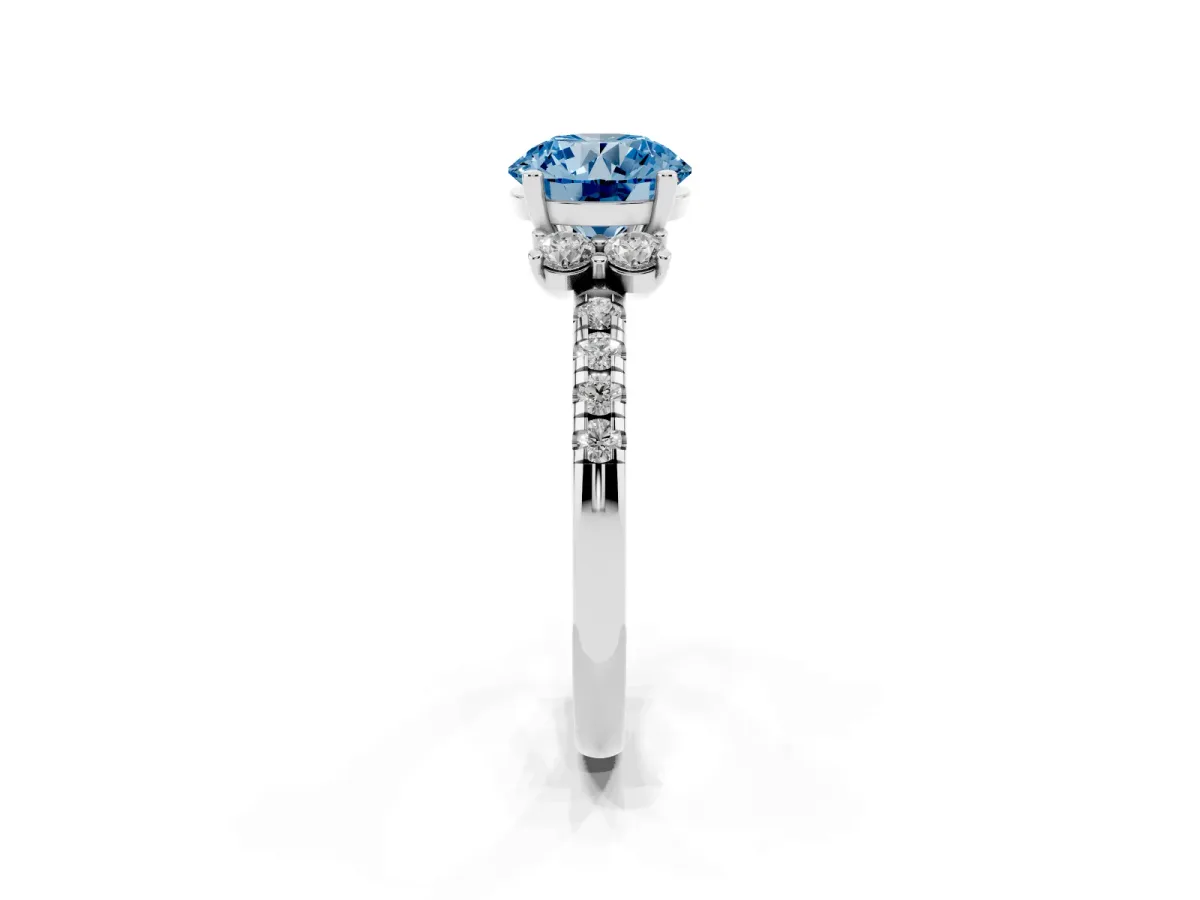 Fancy Blue Round Cut Diamond Three-Stone Pave Band with Four-Prong Setting Platinum