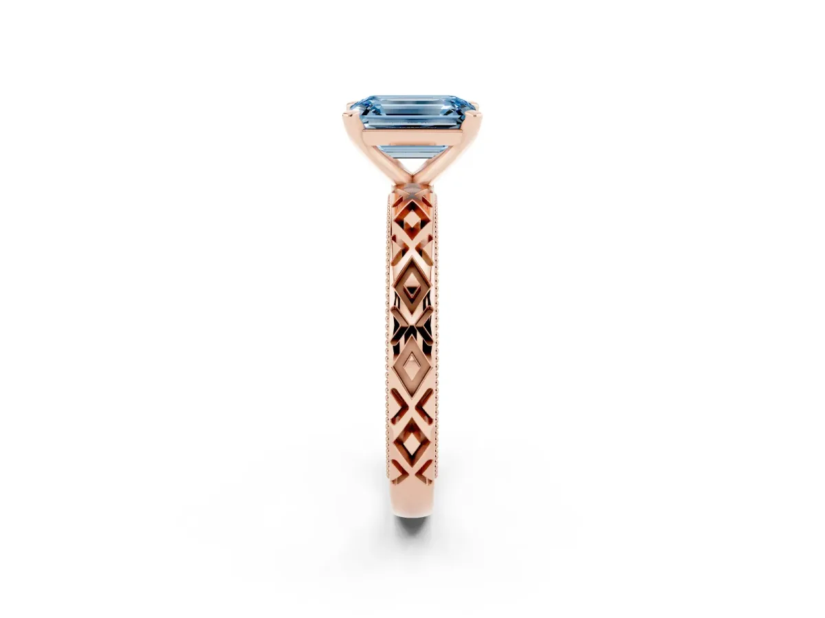 Fancy Blue Emerald Cut Solitaire Diamond Ring with Milgrain and Black Enamel X Pattern Band Rose gold