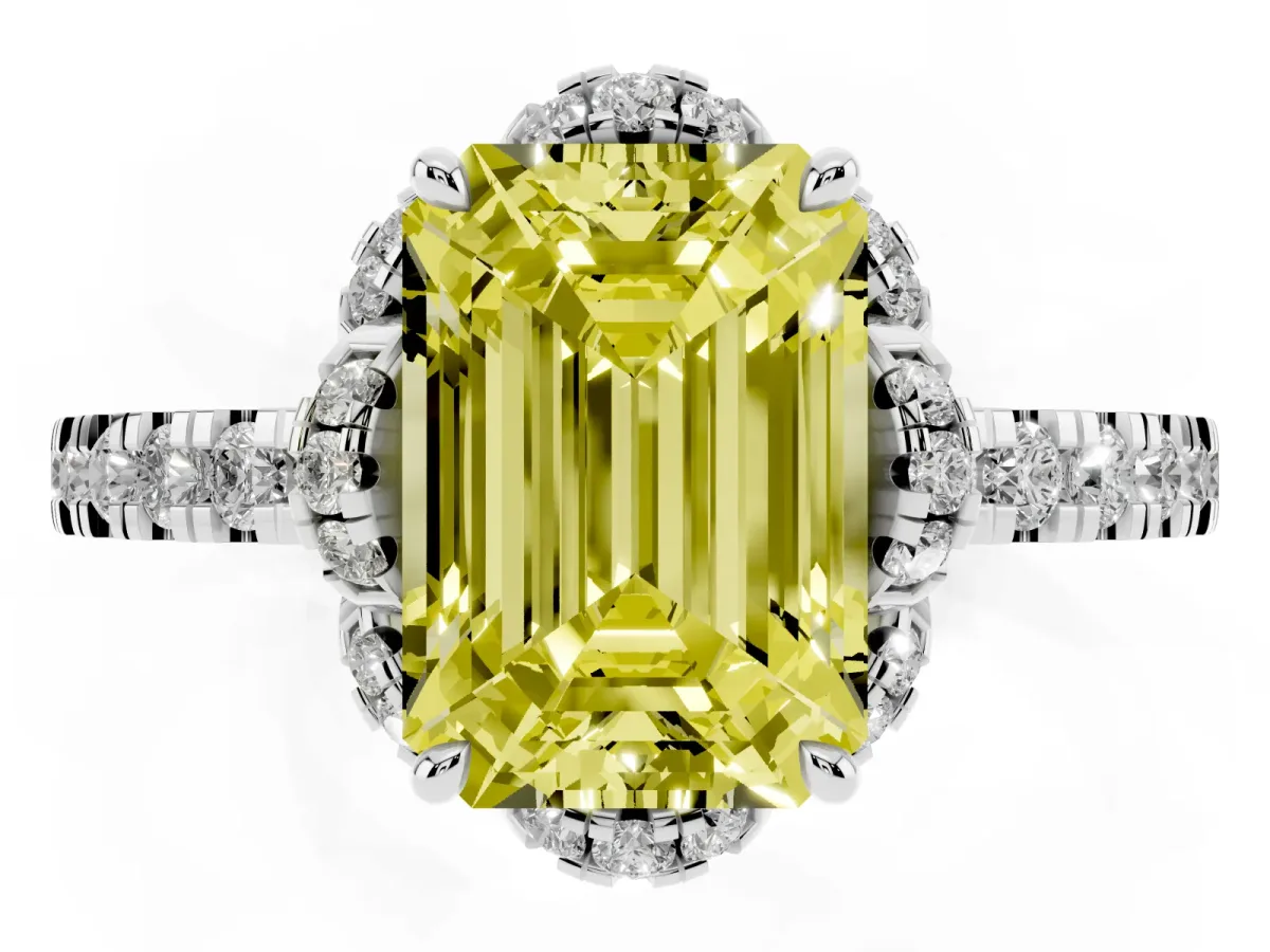 Fancy Yellow Emerald Cut Diamond Halo Pave Band with Four-Prong Setting Silver