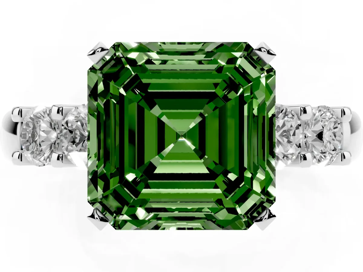 Fancy Green Asscher Cut Brilliant Cut Diamond Five-Stone Prong Set Engagement Ring with Channel Band Silver