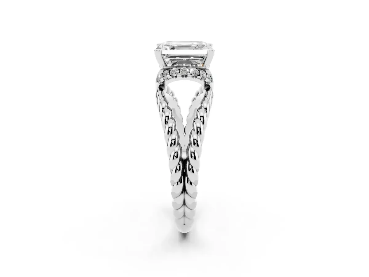 Asscher Cut Halo Twisted Band Four-Prong Ring Silver
