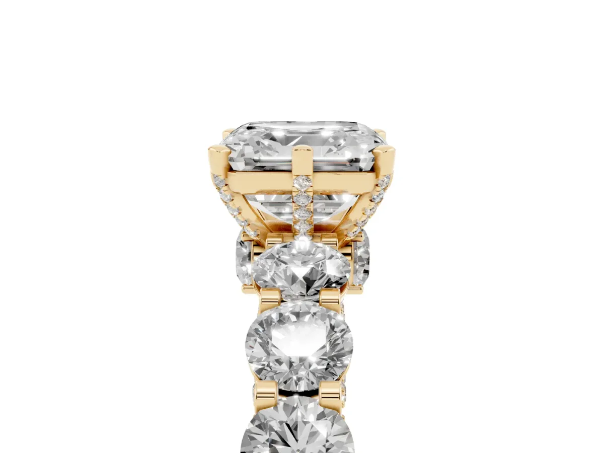 Asscher Cut Diamond Side Stone Engagement Ring with Four-Prong Setting Yellow gold