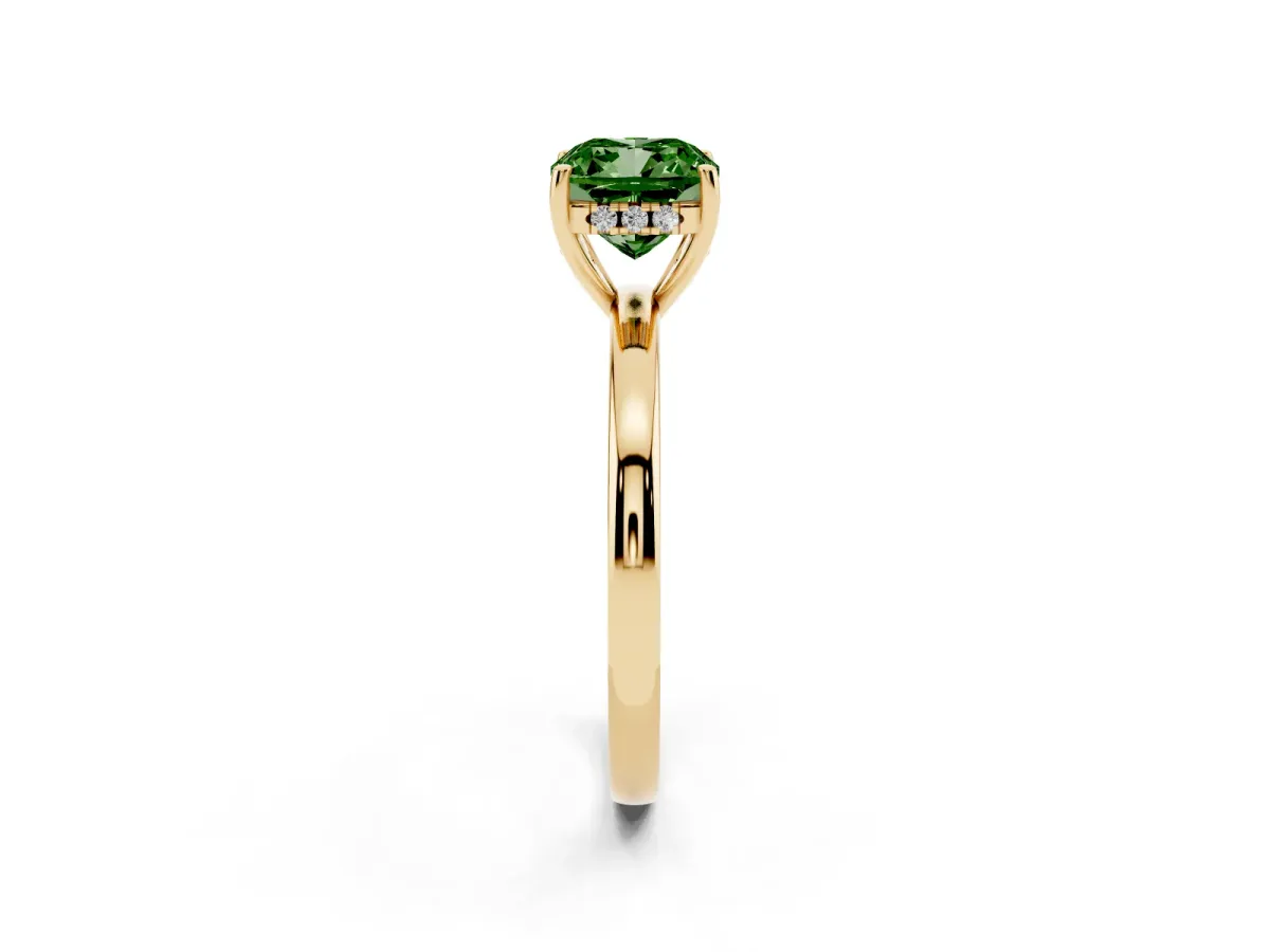 Fancy Green Cushion Cut Solitaire Diamond Ring with Prong Setting and Plain Band Yellow gold