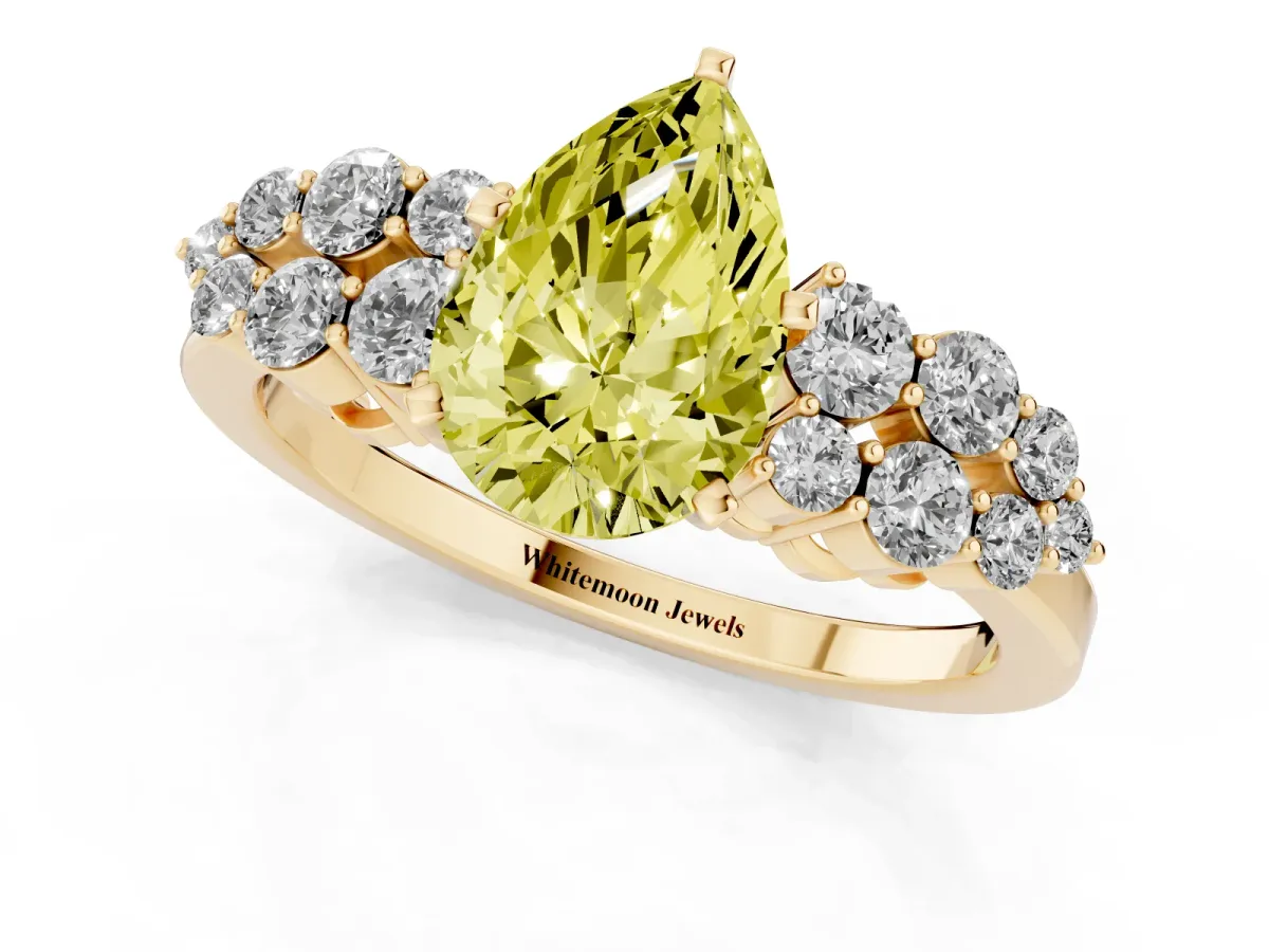 Fancy Yellow Pear Cut Cluster Diamond Engagement Ring with Pavé Band and Four-Prong Setting Yellow gold