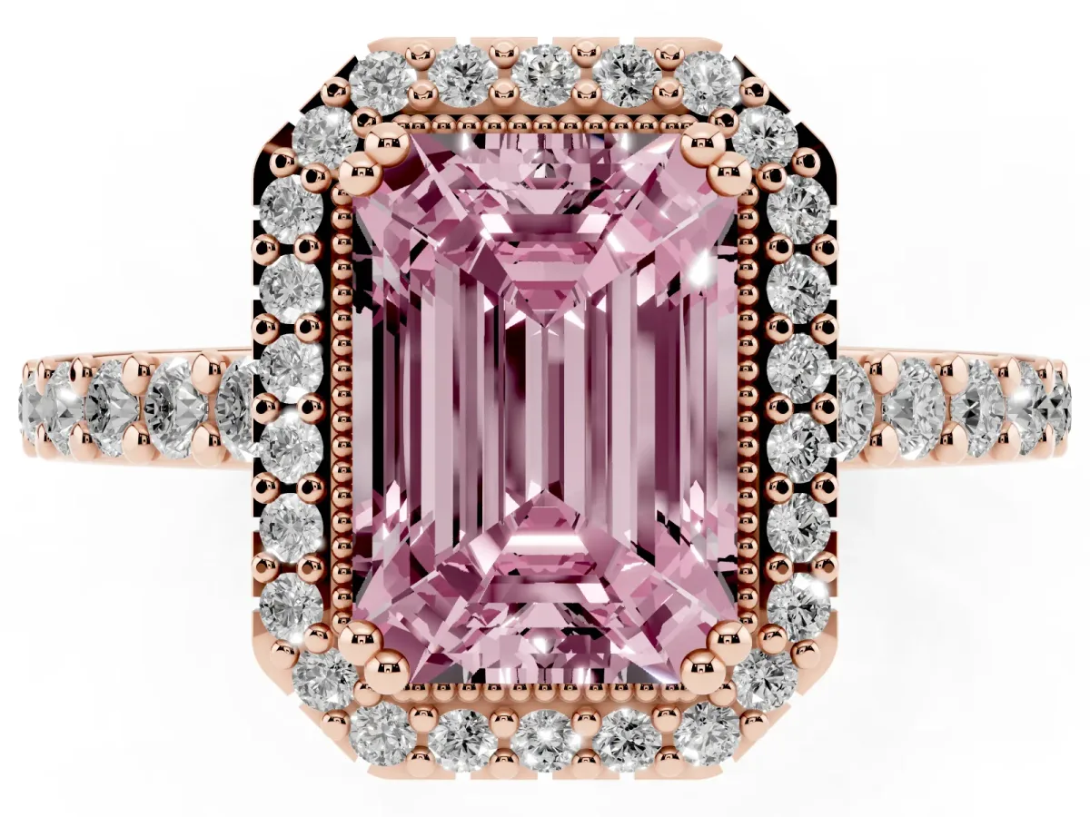 Fancy Pink Emerald Cut Cut Diamond Halo Engagement Ring with Milgrain Detail and Pavé Band Rose gold