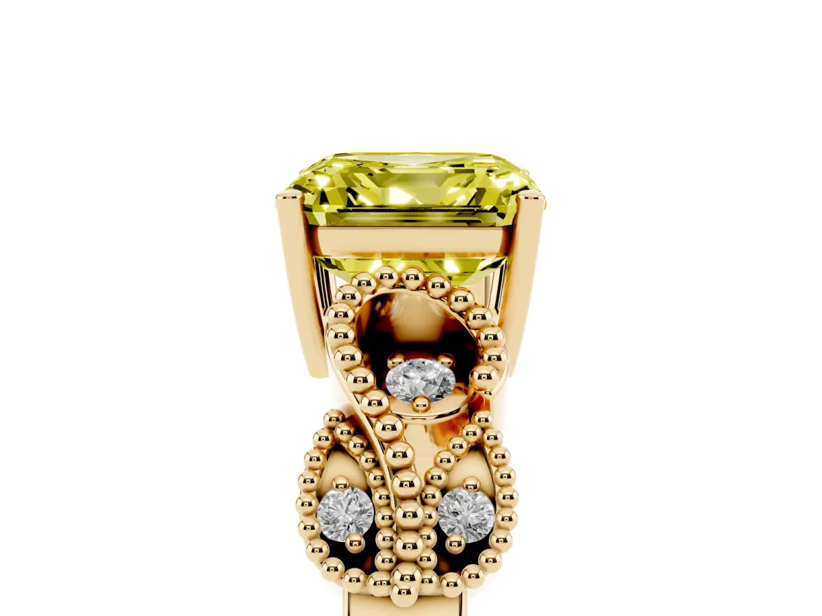 Fancy Yellow Asscher Cut Solitaire Milgrain Leaf Band with Prong Setting Yellow gold