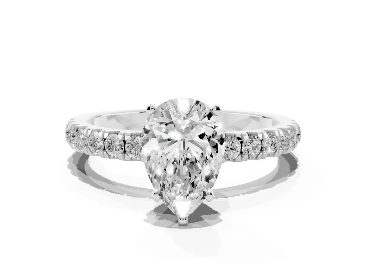 Pear Cut Diamond Solitaire Ring with Pavé Accents and Four-Prong Setting Silver