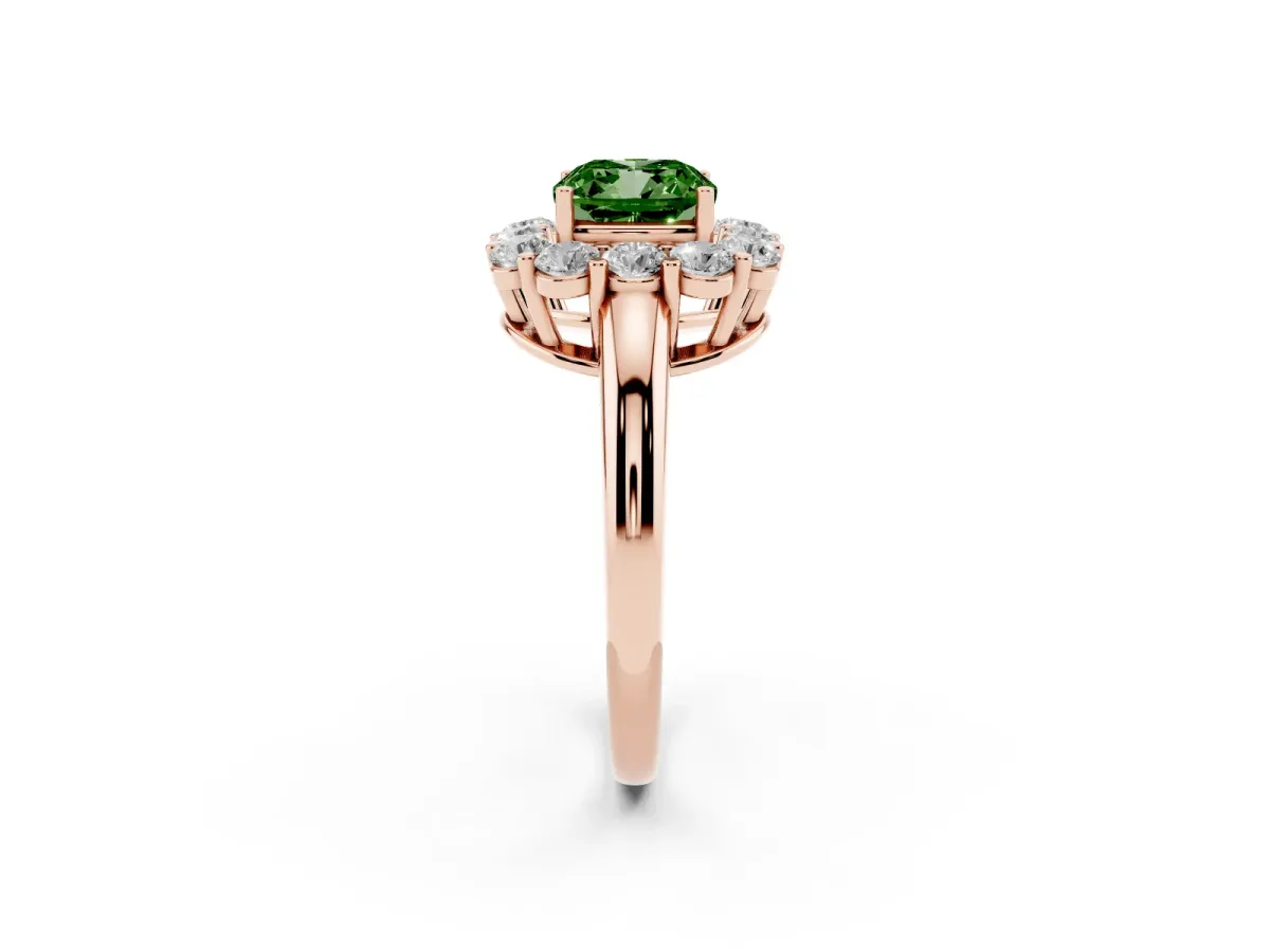 Fancy Green Cushion Cut Halo Cluster Diamond Engagement Ring with Prong Setting and Polished Band Rose gold