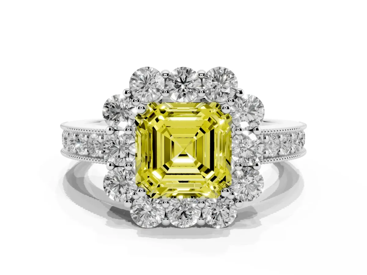 Fancy Yellow Asscher Cut Cut Halo Diamond Pavé Engagement Ring with Milgrain Detailing Platinum