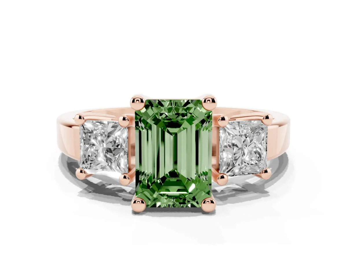 Fancy Green Three-Stone Emerald Cut Cut Solitaire Ring with Prong Setting Rose gold
