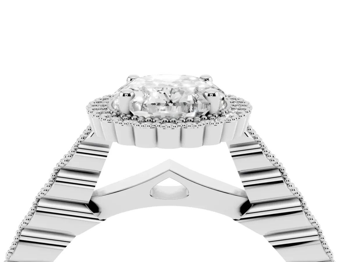 Oval Cut Cut Halo Pavé Solitaire Ring with Milgrain Band Silver