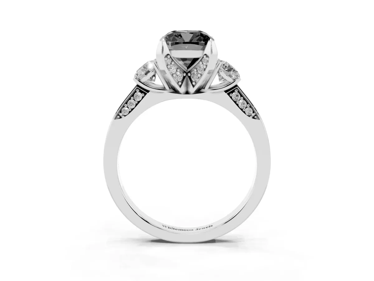 Fancy Black Cushion Cut Brilliant Three-Stone Diamond Ring with Pavé Band and Four-Prong Setting White gold