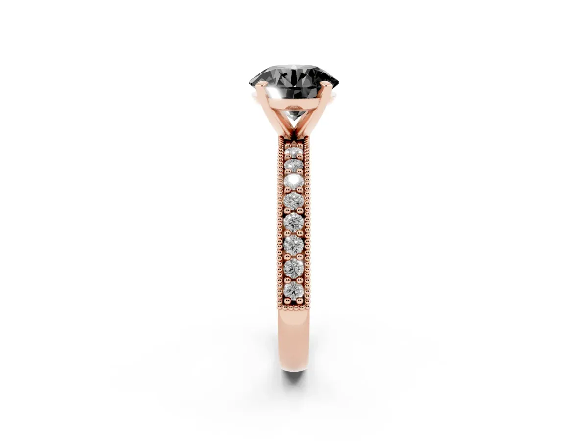 Fancy Black Round Cut Diamond Milgrain Pavé Engagement Ring with Four-Prong Setting Rose gold