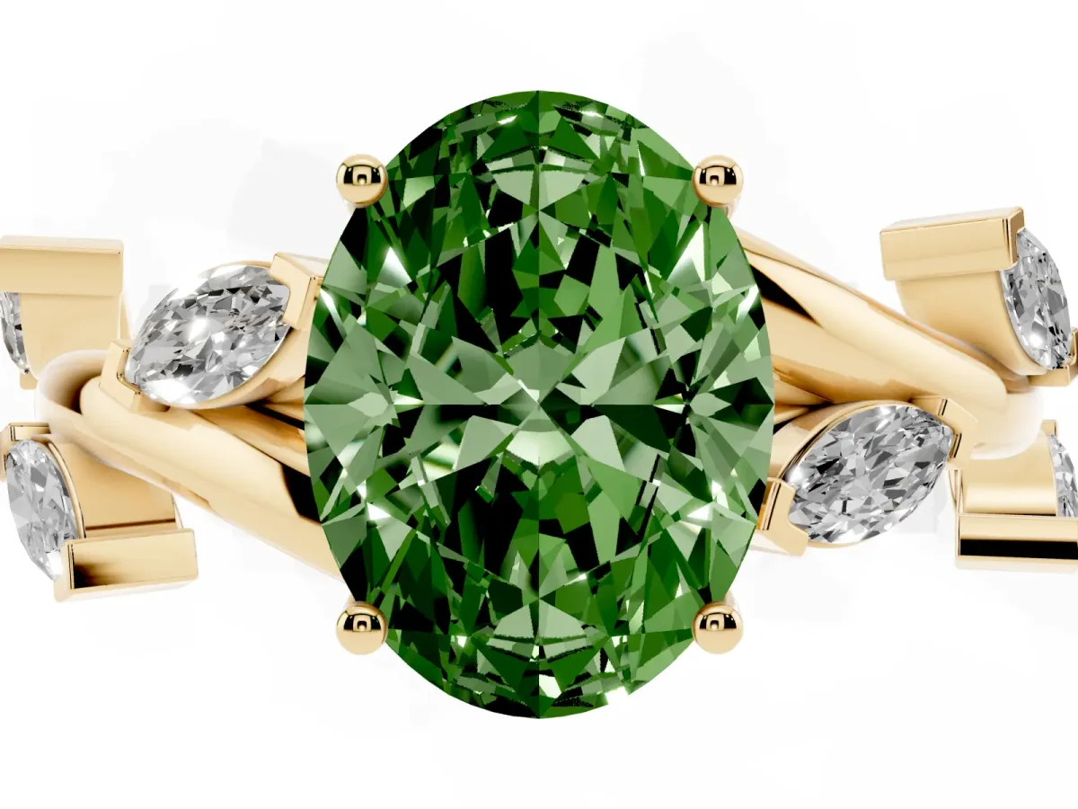 Fancy Green Oval Cut Solitaire Twisted Band Marquise Accent Prong Setting Ring Yellow gold