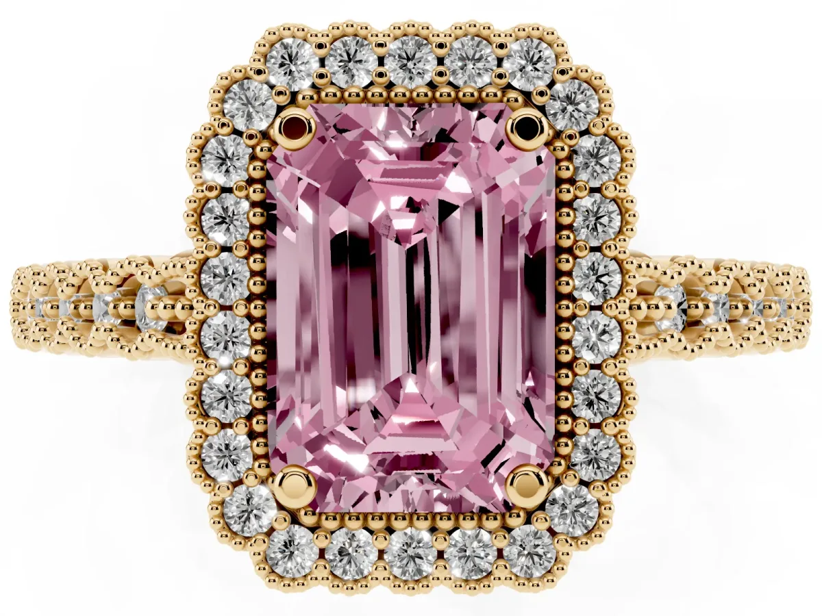 Fancy Pink Emerald Cut Cut Halo Pavé Solitaire Ring with Milgrain Band Yellow gold