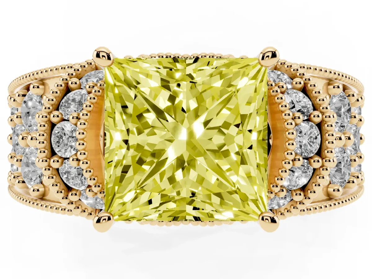 Fancy Yellow Princess Cut Halo Pave Diamond Engagement Ring with Milgrain Detailing Yellow gold