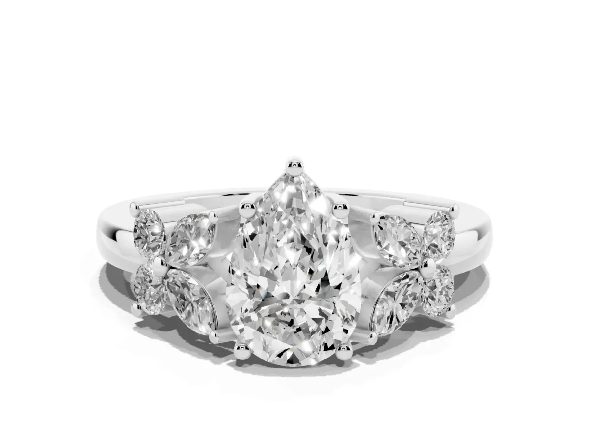 Pear Cut Diamond Floral Cluster Ring with Solitaire Band and Prong Setting Silver