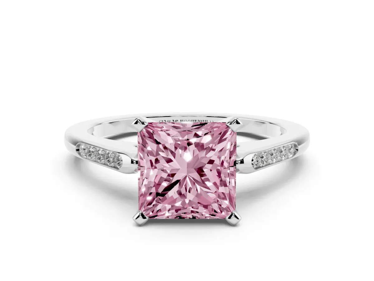 Fancy Pink Princess Cut Diamond Solitaire Ring with Channel Set Round Band and Prong Setting White gold
