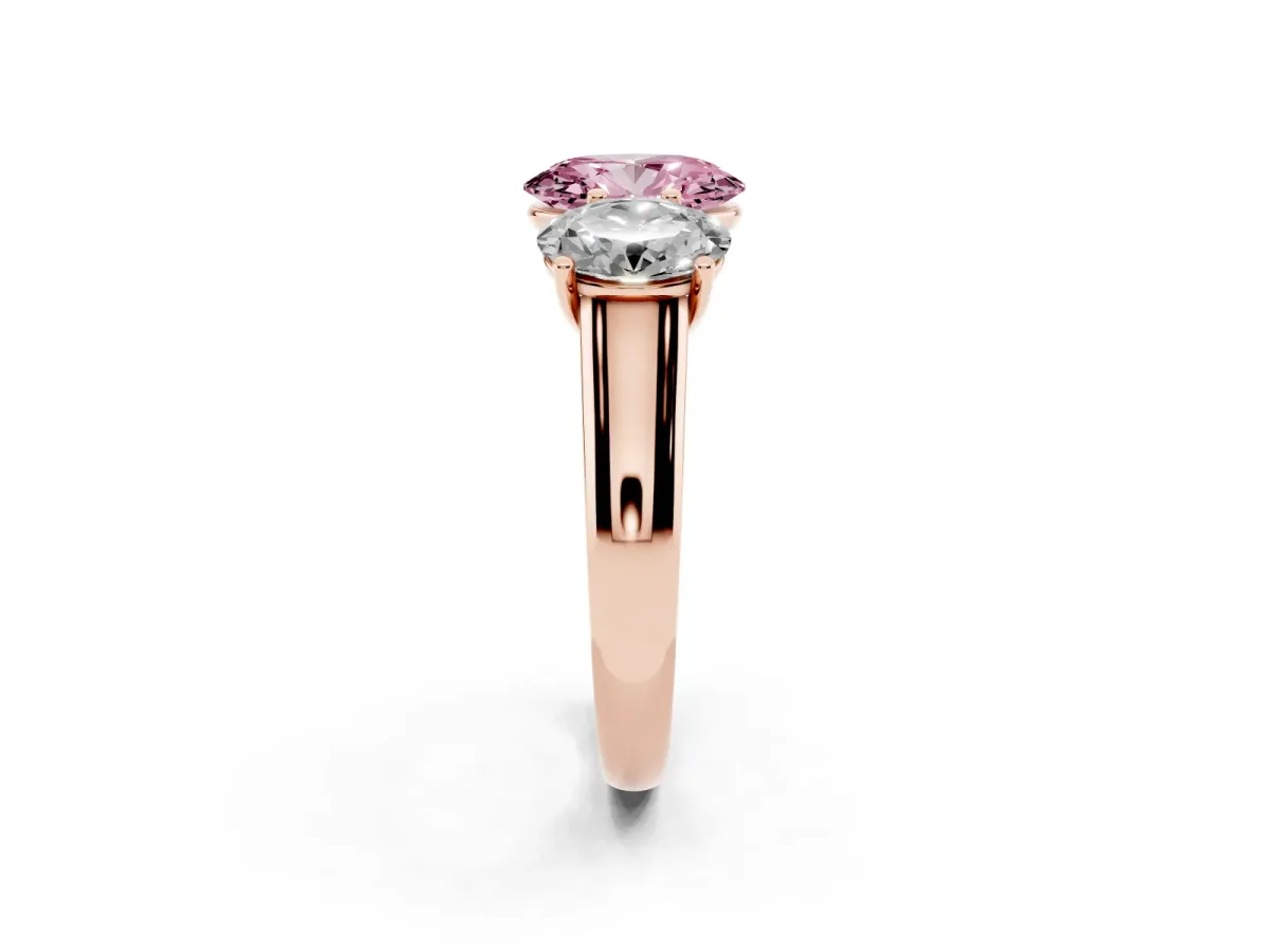 Fancy Pink Oval Cut Three-Stone Diamond Ring with Prong Setting on a Classic Band Rose gold