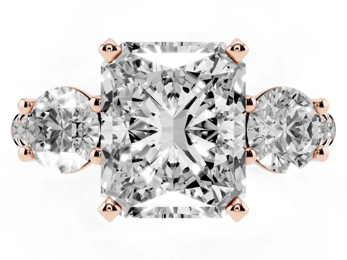 Three-Stone Radiant Cut Diamond Pavé Band with Four-Prong Setting Rose gold