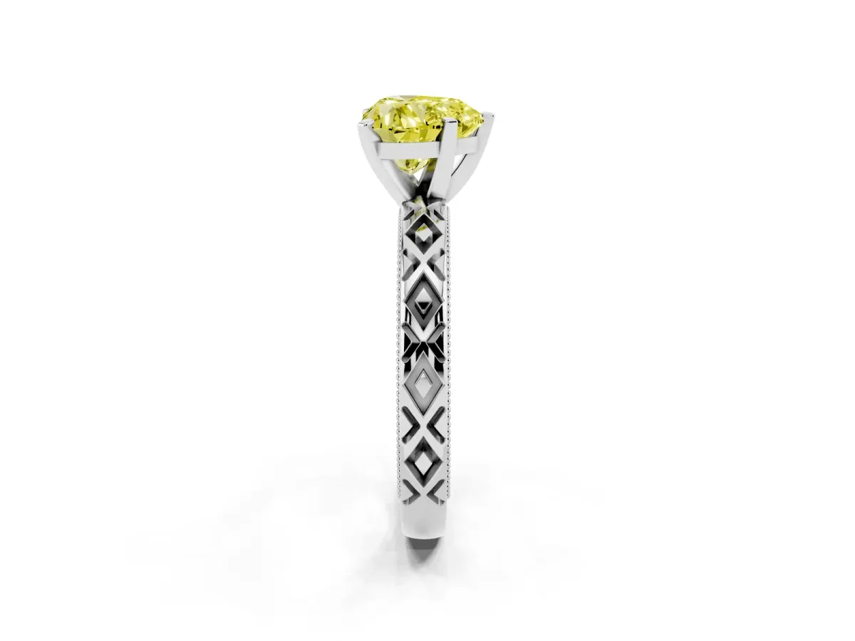 Fancy Yellow Heart Cut Solitaire Diamond Ring with Milgrain and Black Enamel X Pattern Band Silver