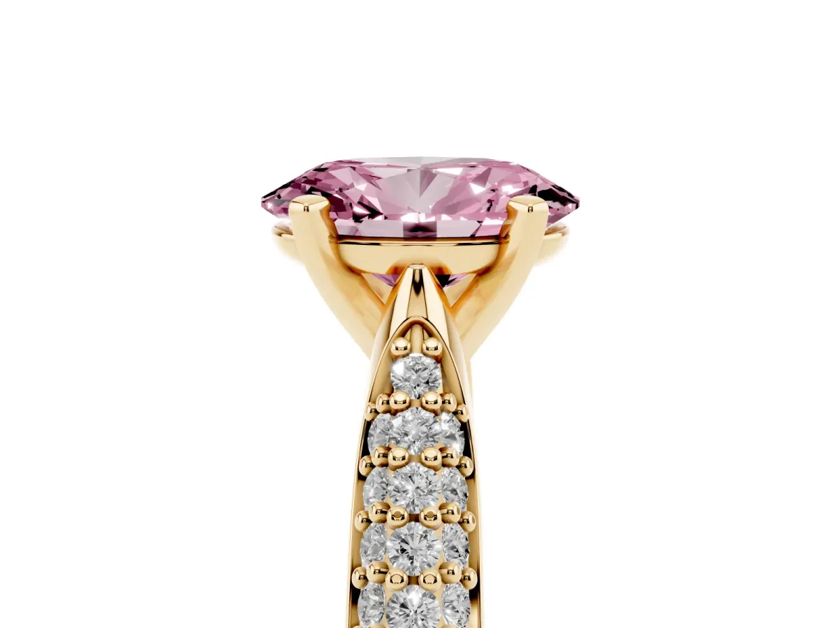 Fancy Pink Oval Cut Diamond Solitaire Engagement Ring with Multi-Row Round Pavé Band and Prong Setting Yellow gold