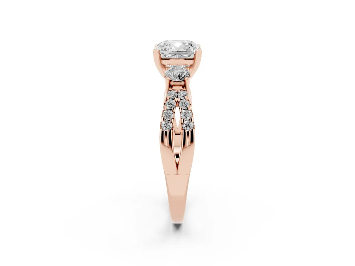 Cushion Cut Diamond Three-Stone Ring with Pavé Split Shank and Four-Prong Setting Rose gold