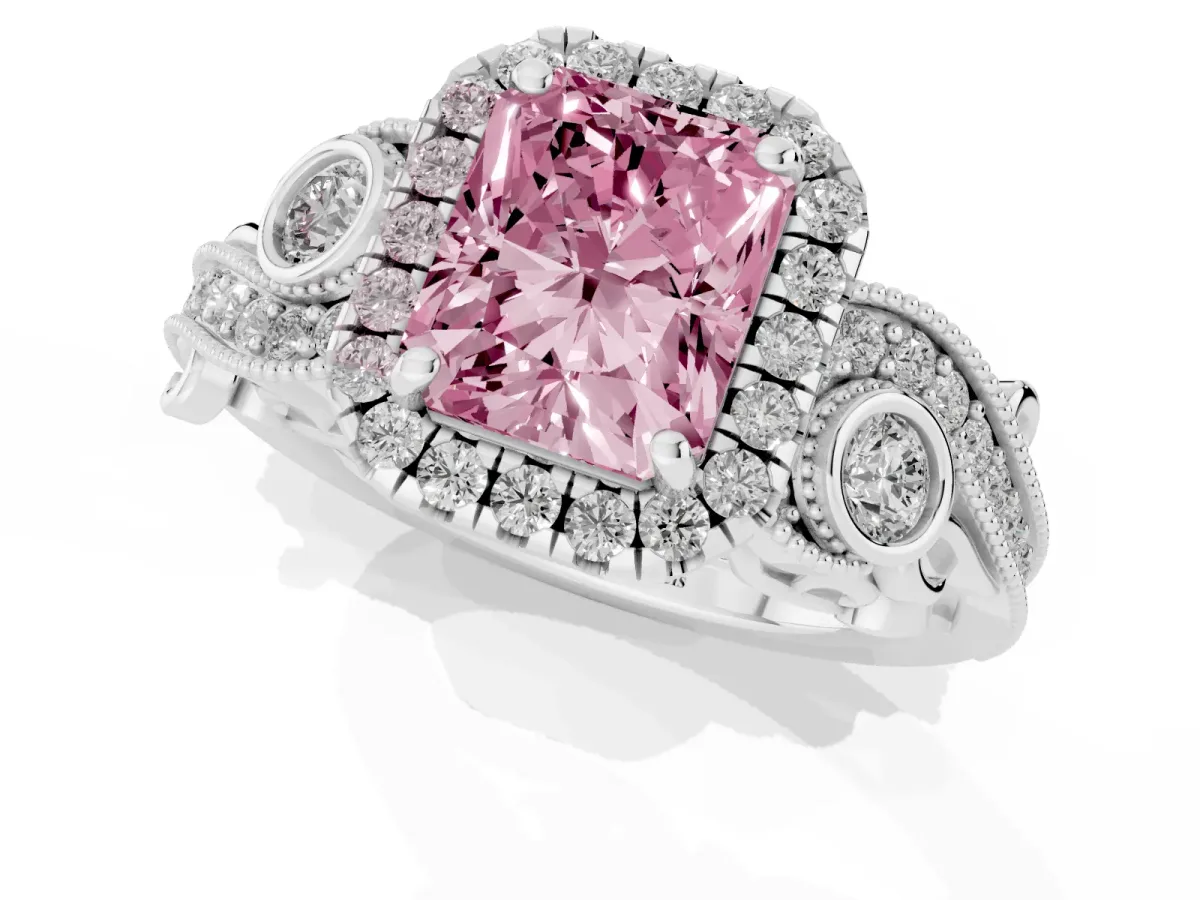Fancy Pink Radiant Cut Diamond Halo Ring with Milgrain Pavé Band and Four-Prong Setting Platinum