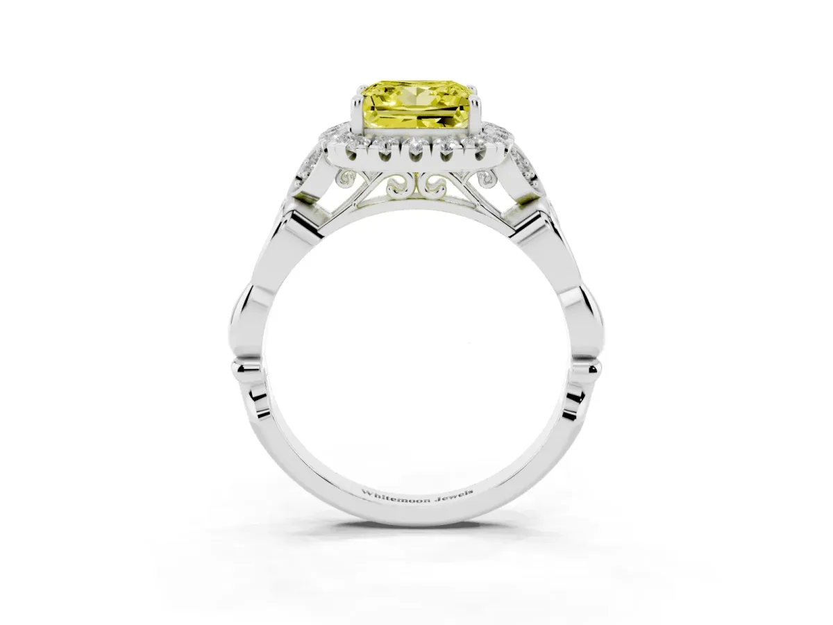 Fancy Yellow Princess Cut Halo Diamond Engagement Ring with Vintage-Inspired Band and Four-Prong Setting White gold