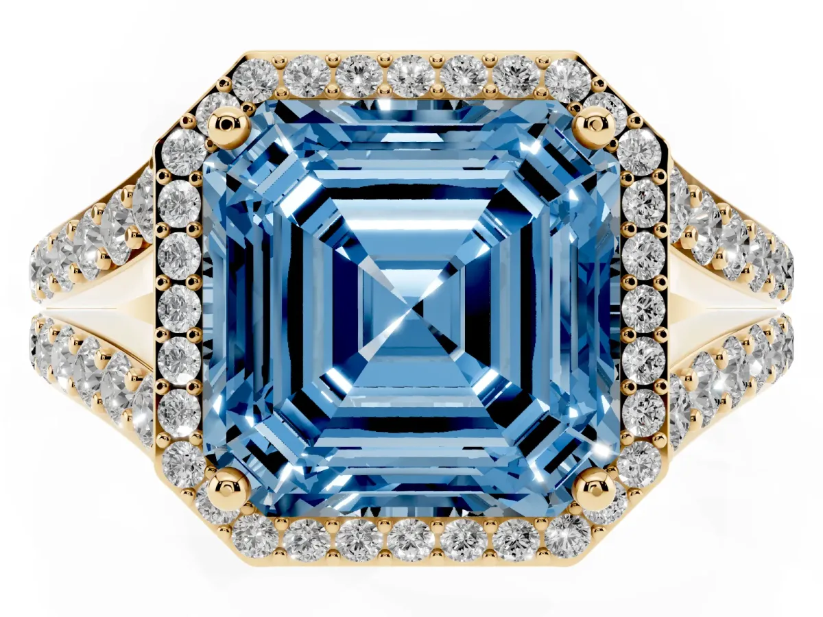 Fancy Blue Asscher Cut Diamond Split Shank Halo Ring with Four-Prong Setting Yellow gold