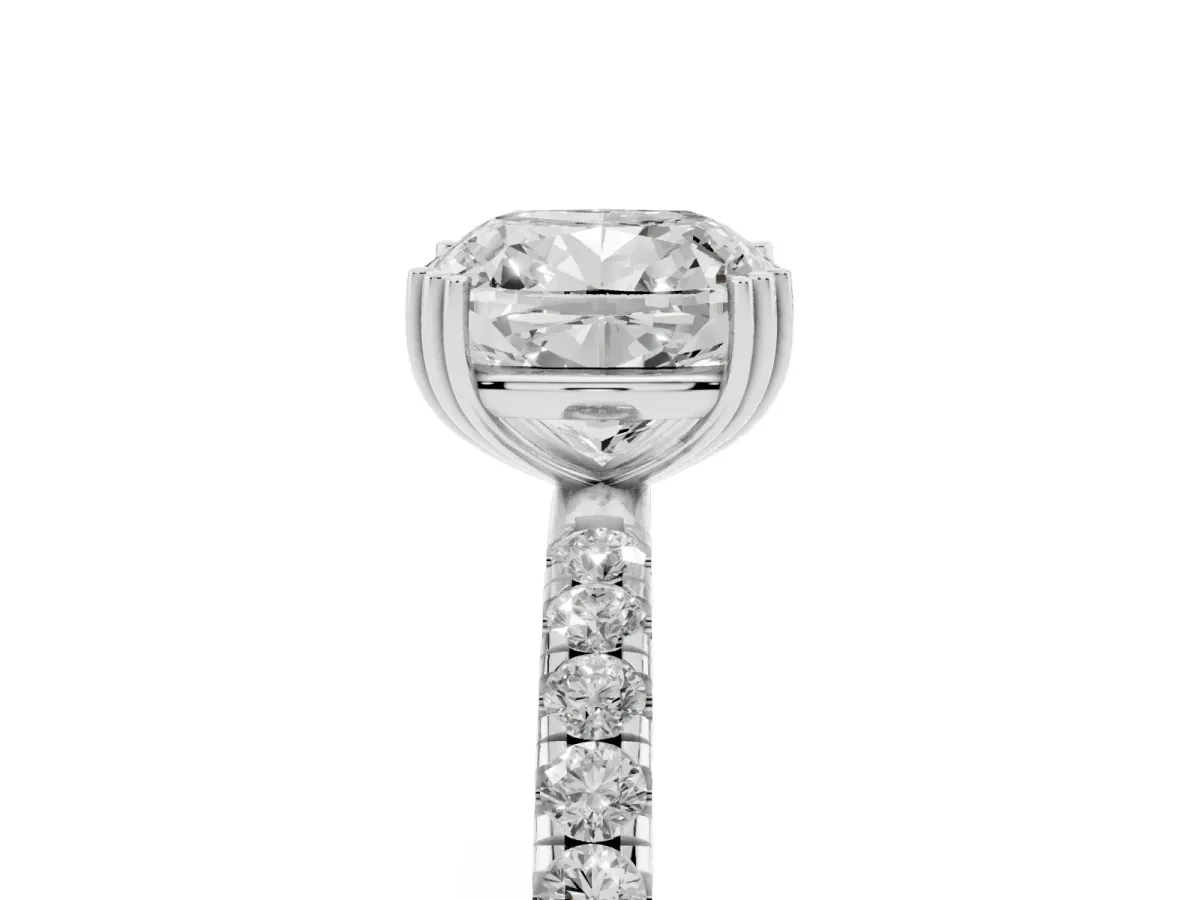Cushion Cut Brilliant Solitaire with Pavé Band and Claw Prong Setting White gold