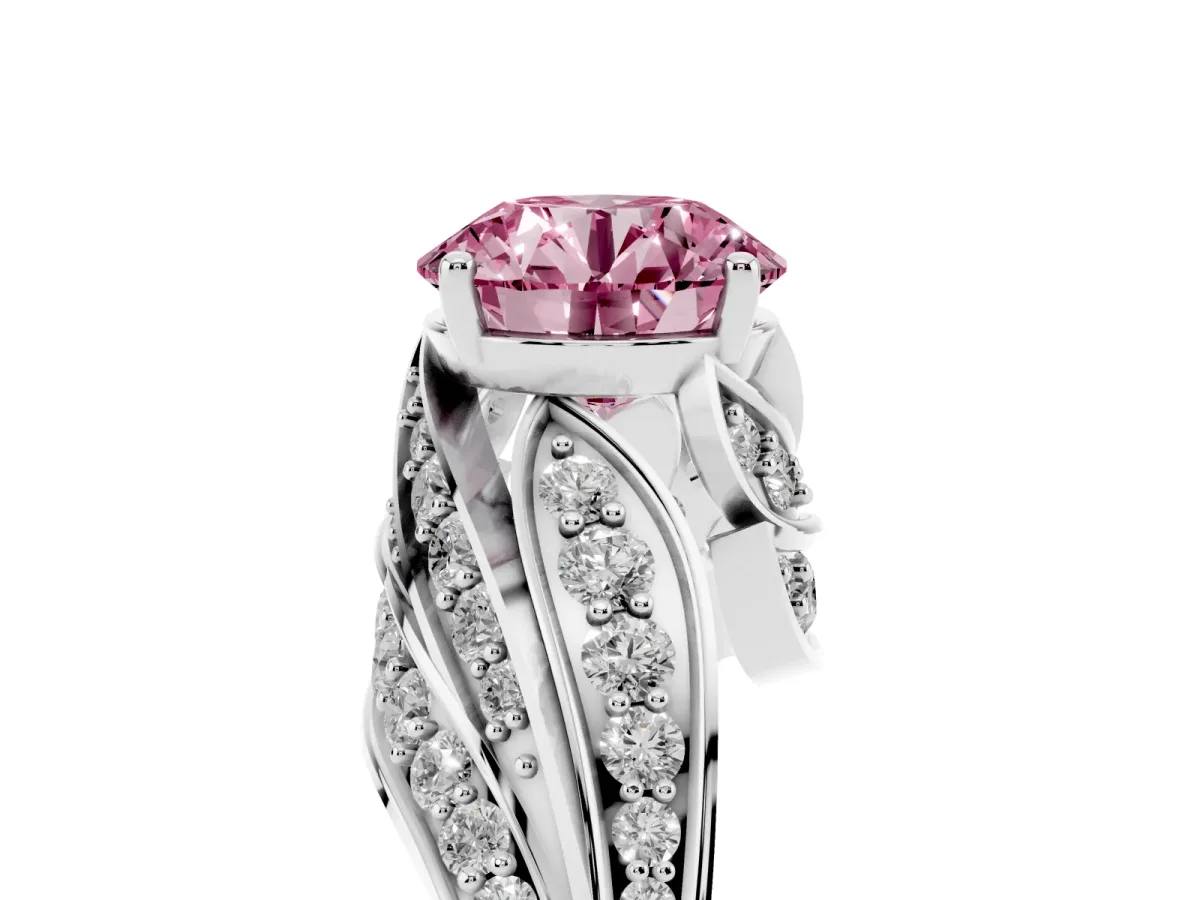 Fancy Pink Round Cut Diamond Solitaire Ring with Prong Setting and Twisted Pavé Band Silver