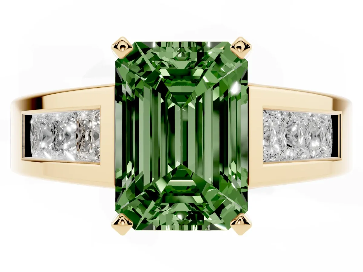 Fancy Green Emerald Cut Cut Channel Set Solitaire Ring with Four-Prong Setting Yellow gold