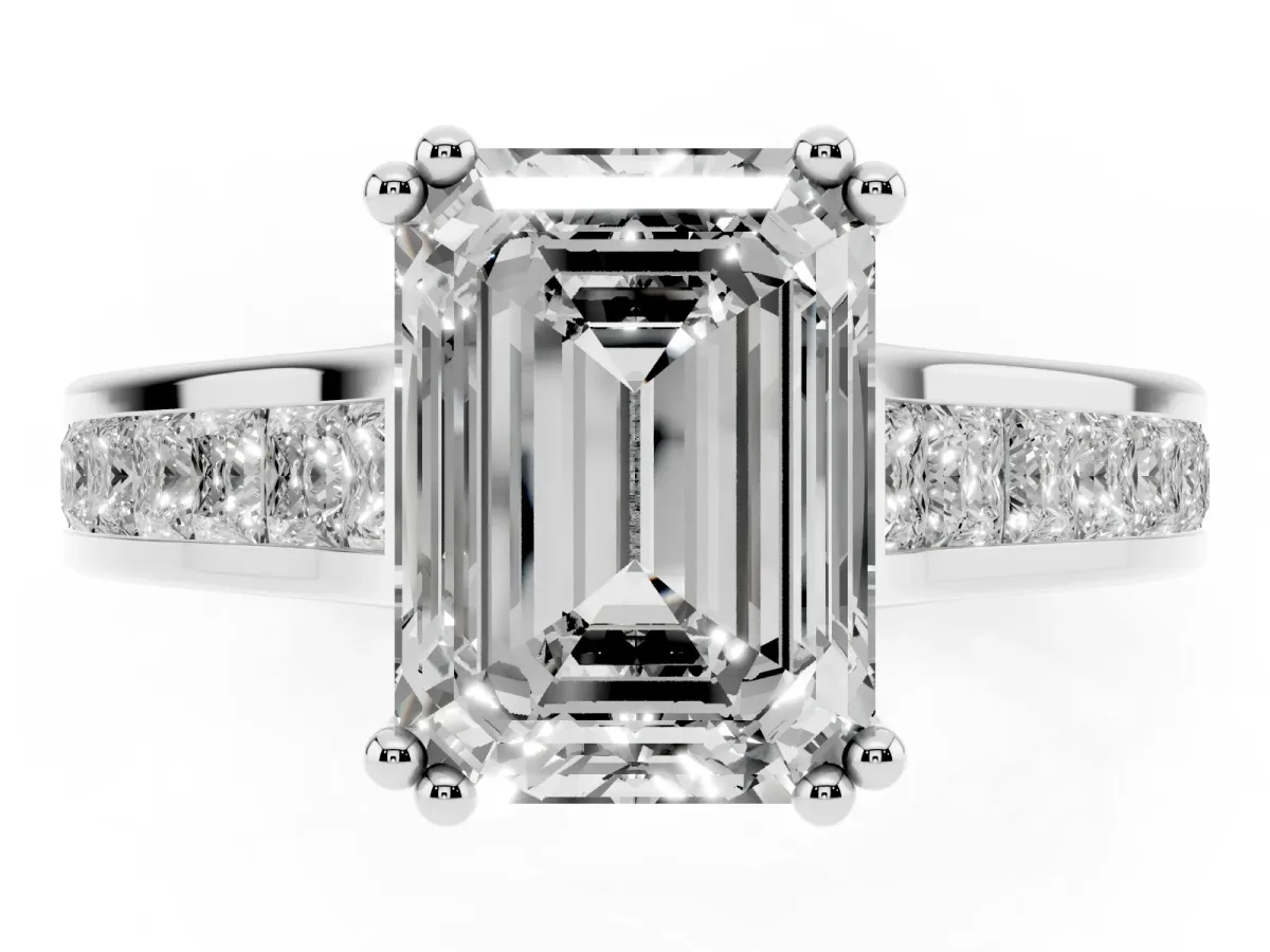 Emerald Cut Cut Channel Set Solitaire Engagement Ring with Prong Setting Platinum