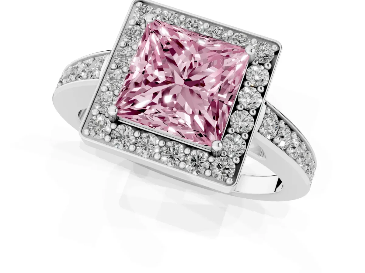 Fancy Pink Princess Cut Halo Pavé Diamond Engagement Ring with Bezel Setting Silver