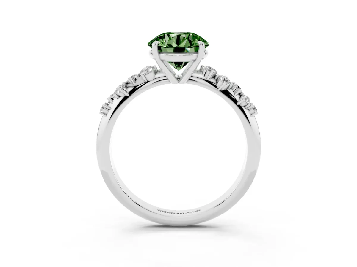 Fancy Green Round Cut Diamond Cluster Side Stone Solitaire Ring with Prong Setting Platinum