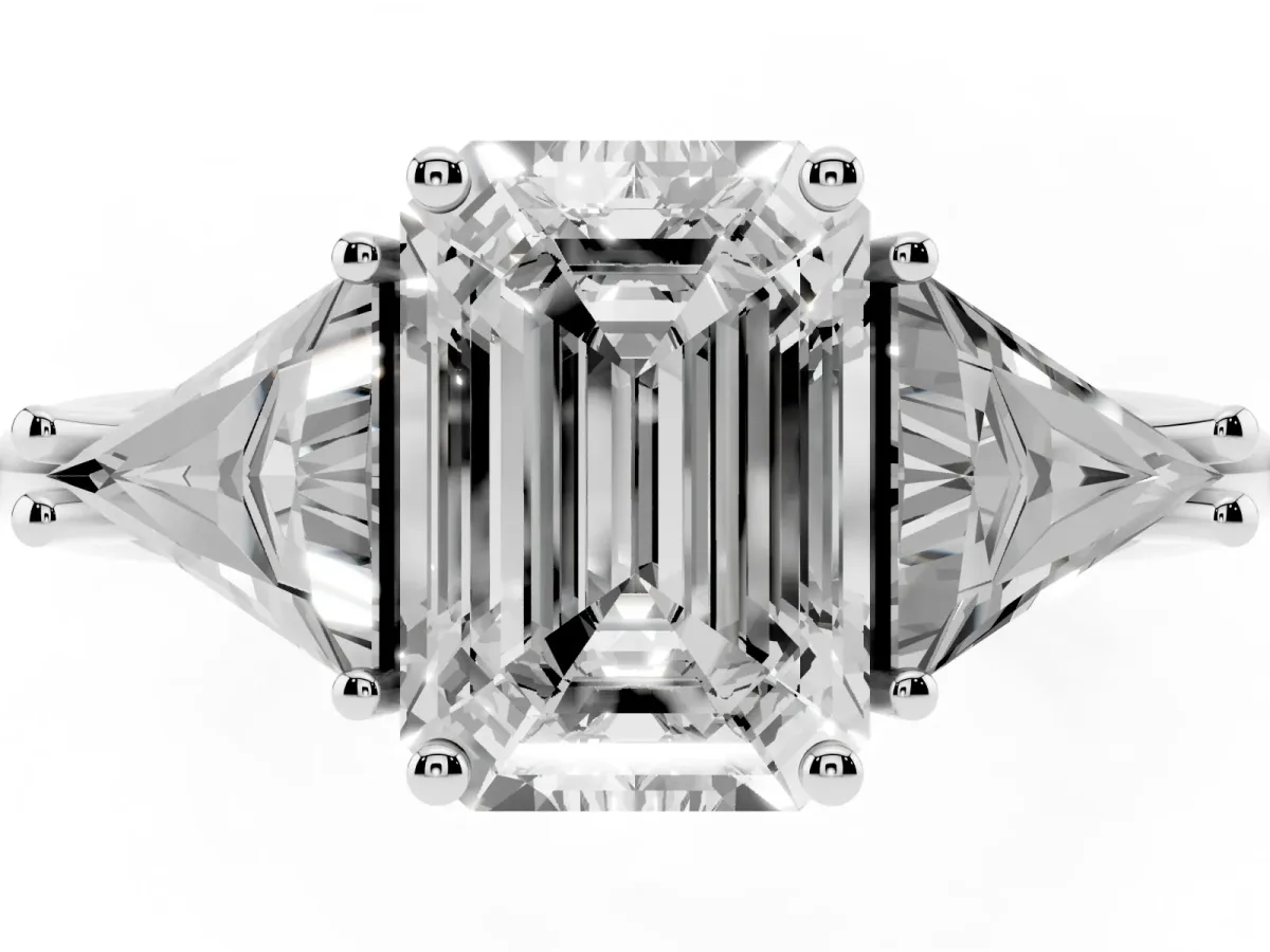 Three-Stone Emerald Cut Diamond Engagement Ring with Trillion Side Stones and Prong Setting Silver