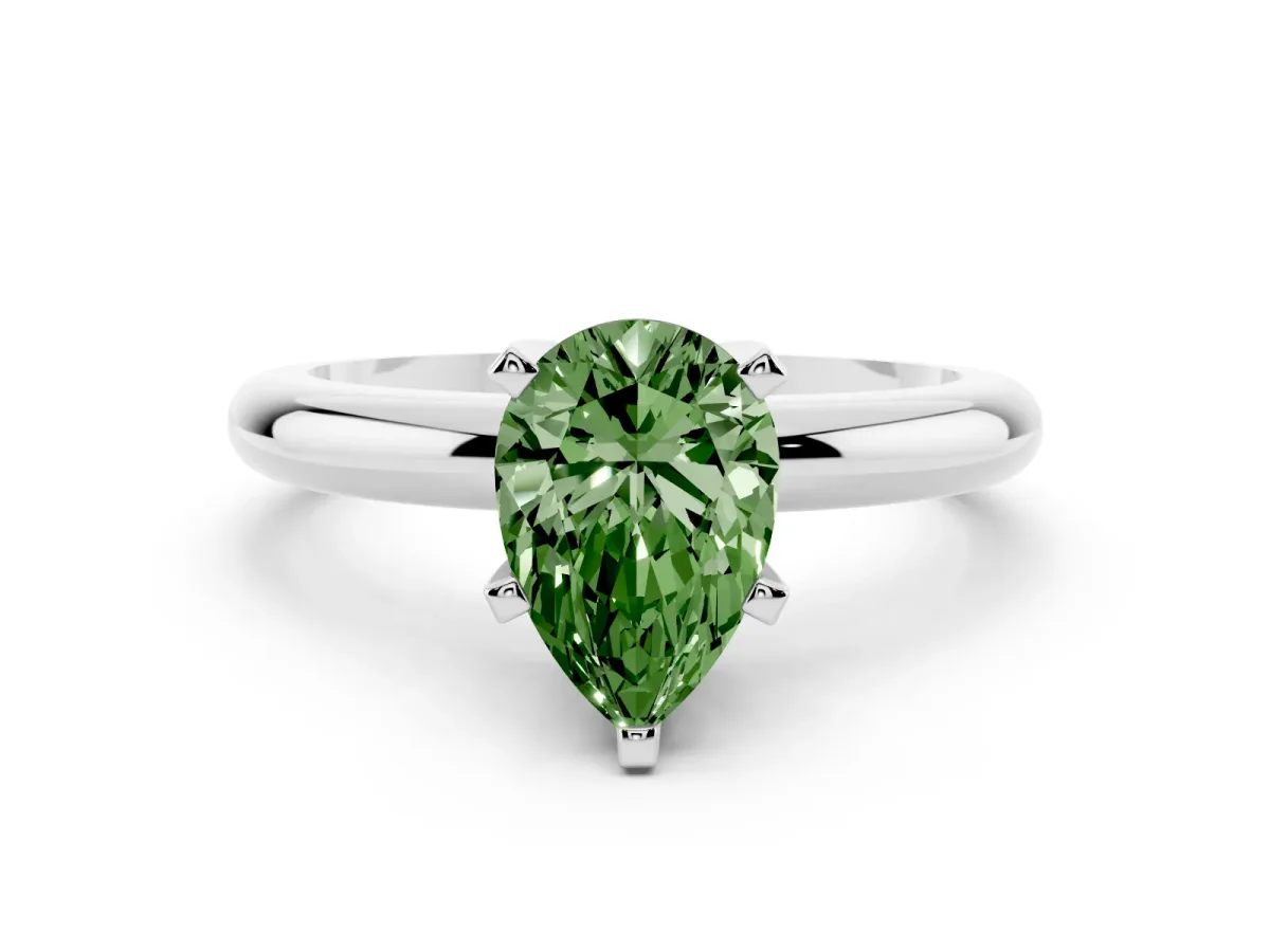 Fancy Green Pear Cut Diamond Solitaire Engagement Ring with Round Band and Four-Prong Setting Platinum