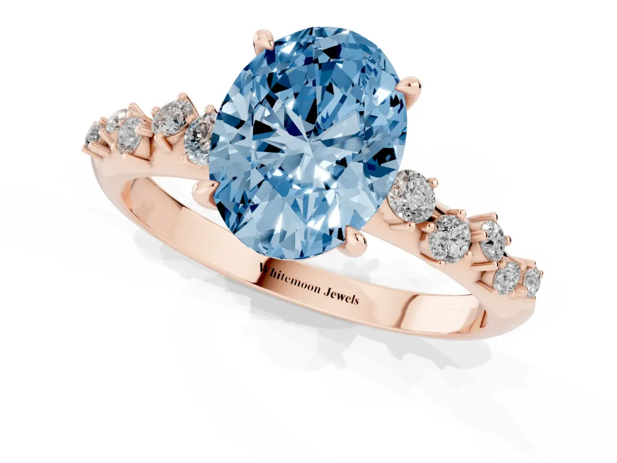 Fancy Blue Oval Cut Diamond Cluster Side Stone Solitaire Ring with Prong Setting Rose gold