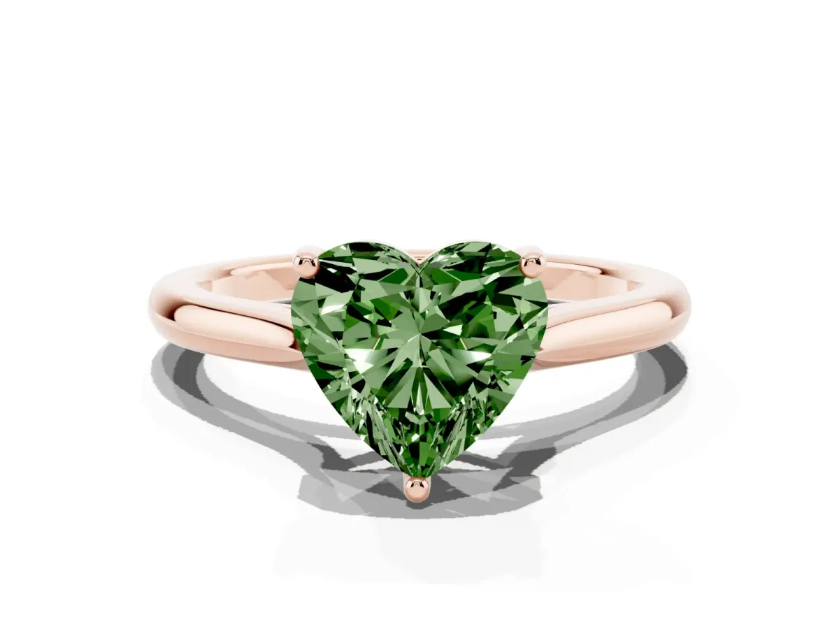Fancy Green Heart Cut Cut Solitaire Ring with Cathedral Band and Four-Prong Setting Rose gold