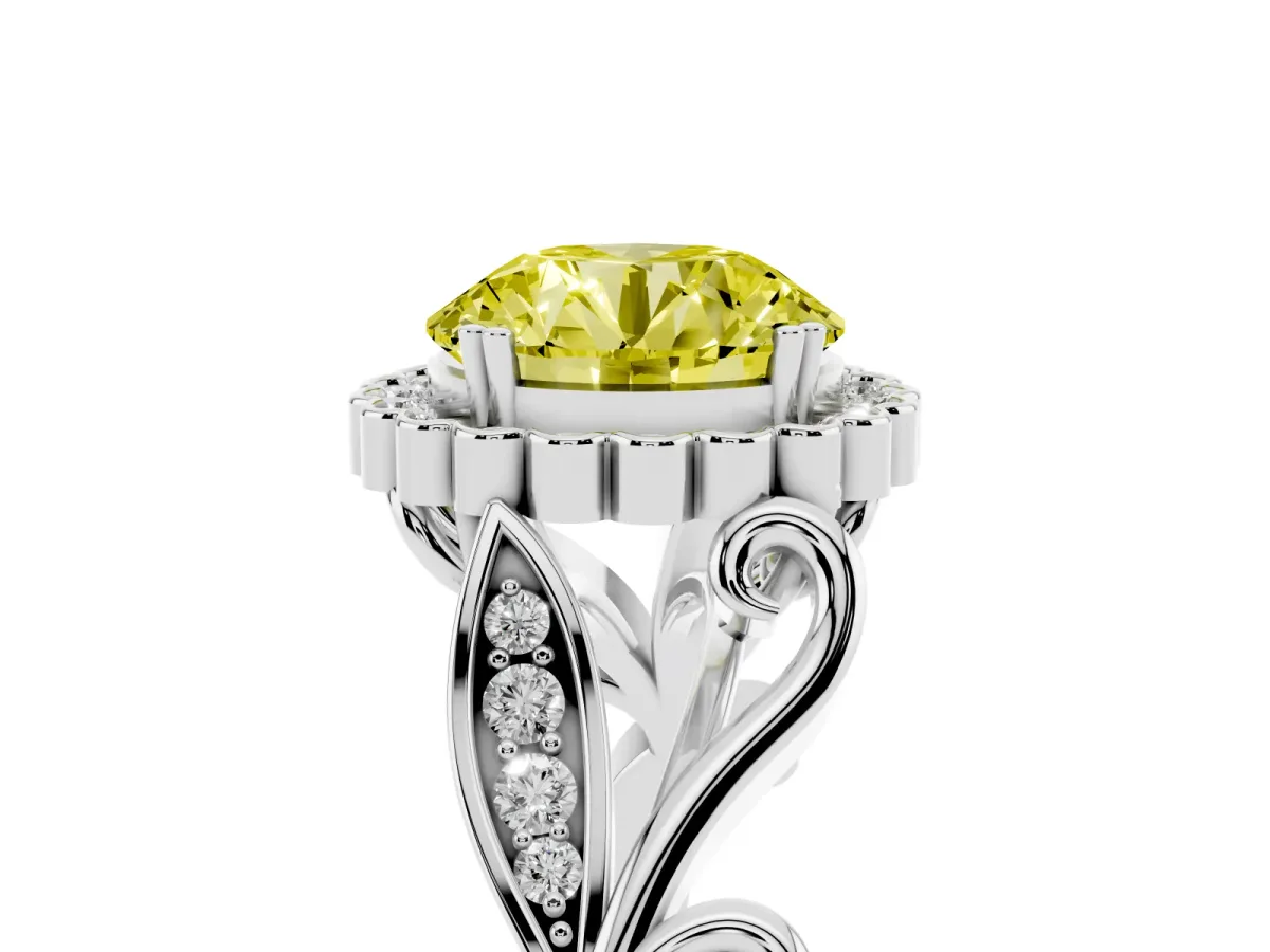 Fancy Yellow Round Cut Diamond Halo Ring with Vintage Split Shank and Four-Prong Setting Silver